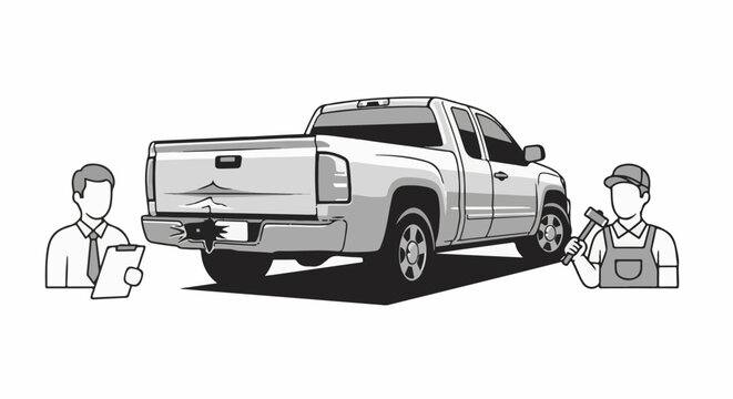Damaged pickup truck being assessed by an inspector and repaired by a mechanic