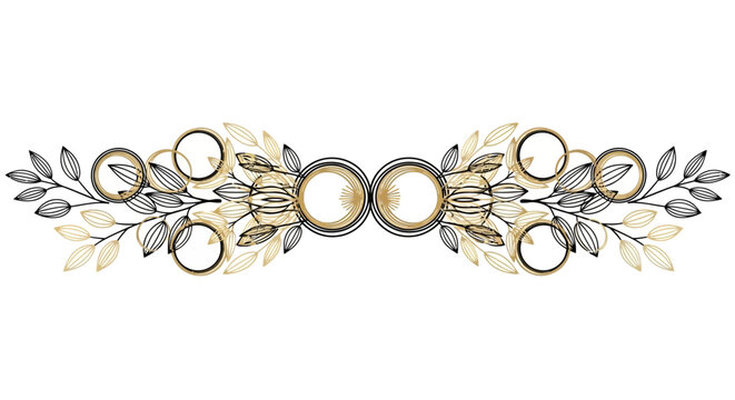 Symmetrical Decorative Flourish with Leaves and Circles, Elegant Ornamentation isolated on transparent background