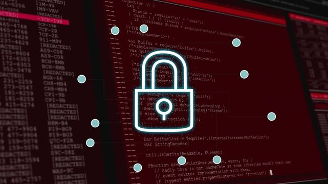 Padlock appearing on maroon code, turning cyan, linking nodes with dotted lines, protecting data