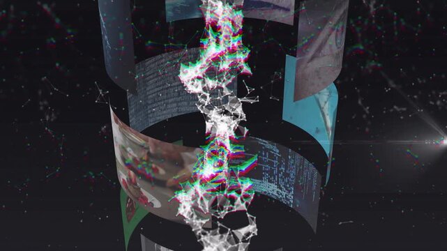 System starting cylinder spinning, scrolling eye tiles, filament pulsing, data gallery for creators