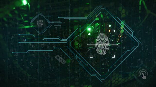 Server detecting fingerprint, initiating scanning, HUD traces lock and chain animating for security