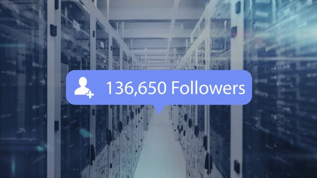 Camera moving down server aisle, follower bubble emerging and counting up to show follower growth