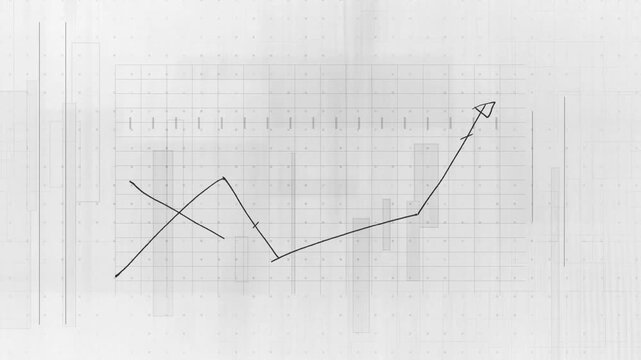 Hand drawn line chart growing from short stroke crossing lines and showing arrowheads for finance