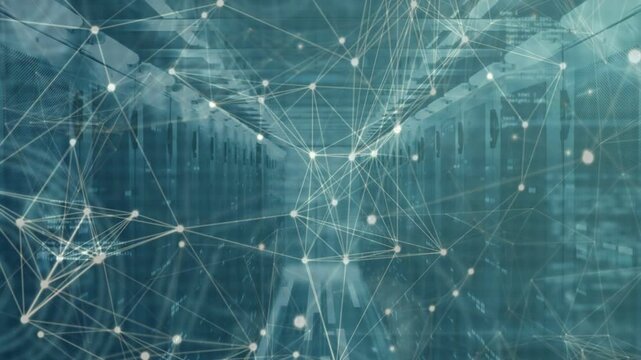 Data pulses initiating mesh over aisle, nodes clustering, converging to bright core showing traffic