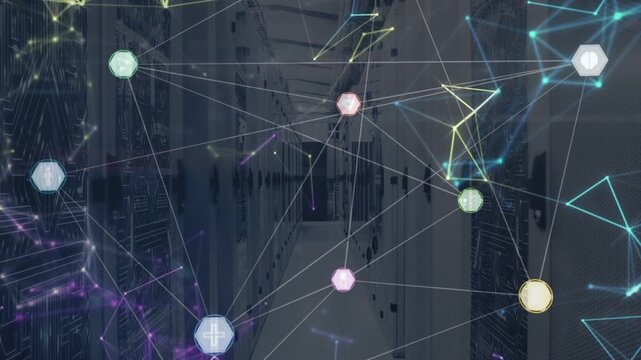 On activity spike animated hex nodes growing, linking, pulsing above server racks to show data flow