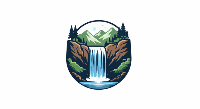 Scenic waterfall cascading down rocky cliffs with mountains and pine trees