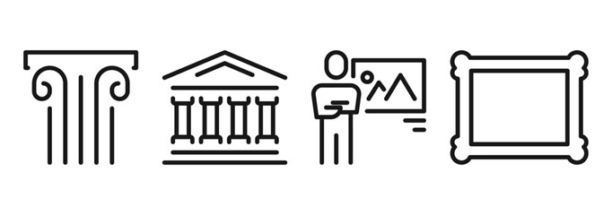 Fototapeta premium Museum and art gallery icons and symbols set, exhibition elements, picture frame, sculpture, artwork display, cultural heritage and creative presentation signs, linear outline design.
