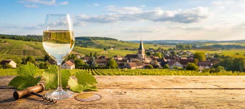 Verre de vin blanc dans les vignes de France au printemps.
