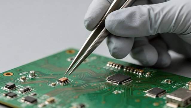 Hand using tweezers on circuit board