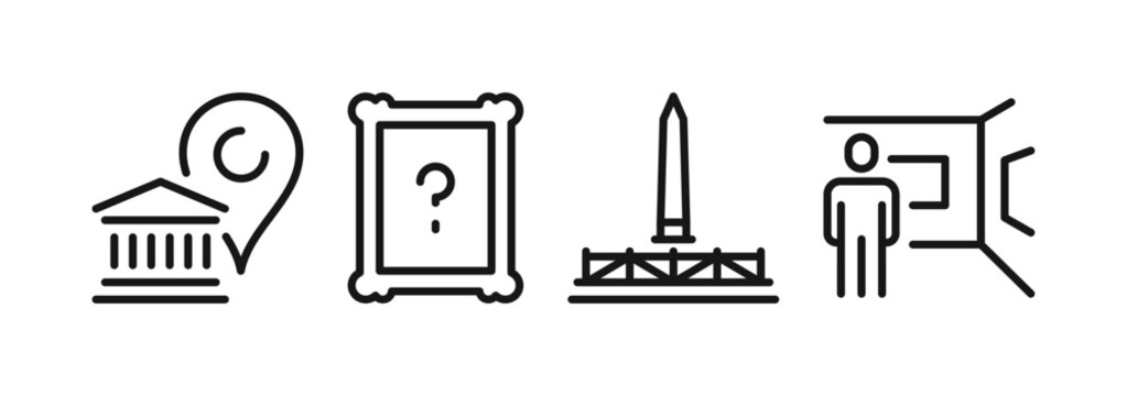 Museum and art gallery icons and symbols set, exhibition elements, picture frame, sculpture, artwork display, cultural heritage and creative presentation signs, linear outline design.