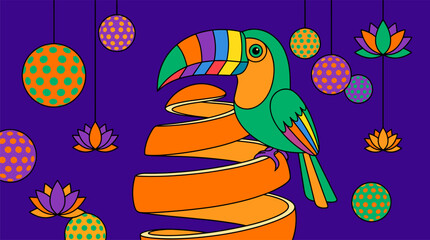 Obraz premium Surreal Tropical Toucan on Spiral Orange Peel Pop Surrealism Flat Illustration with Bold Outlines and Polka Dot Accents