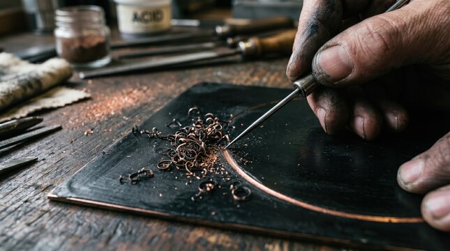 Artisan Hands Engraving Metal Plate for Traditional Printmaking