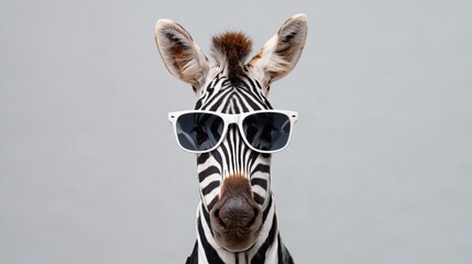 Naklejka premium Zebra wearing white sunglasses poses against a plain gray background, showcasing its distinctive black and white stripes and playful demeanor