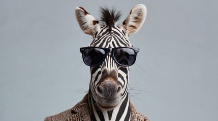 Naklejka premium Zebra wearing sunglasses and a brown blazer poses against a gray background, showcasing a humorous and stylish animal portrait in a studio setting