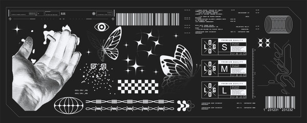 Y2K Cyber Brutalist Banner Template Vector with HUD Elements Butterfly Hand Eye and Barcode on Black Background for Trendy Streetwear and Editorial Design © NancyPants