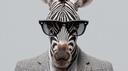 Naklejka premium Zebra wearing sunglasses and a gray blazer poses against a plain background, showcasing a unique blend of animal and human fashion elements in a humorous portrait