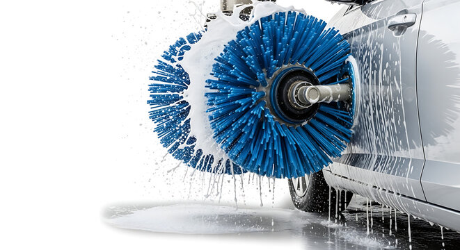 Automated car wash brush with blue bristles spraying soapy water onto a silver vehicle transparent background