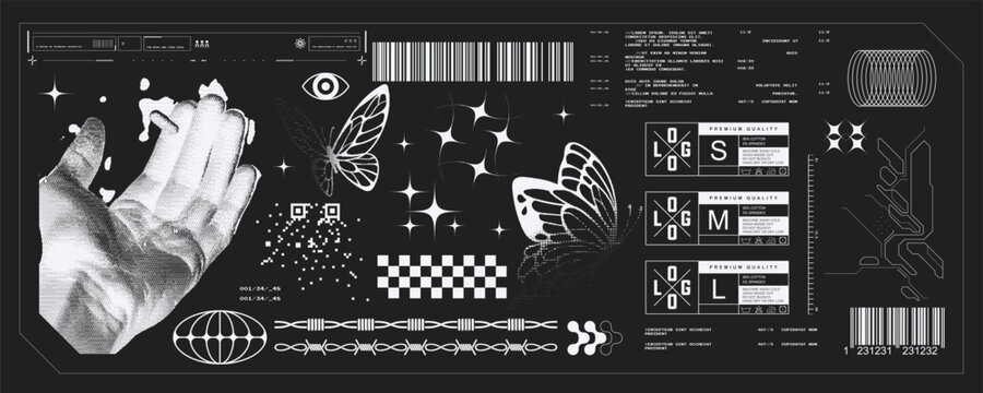 Y2K Cyber Brutalist Banner Template Vector with HUD Elements Butterfly Hand Eye and Barcode on Black Background for Trendy Streetwear and Editorial Design