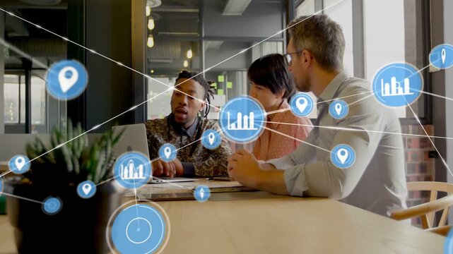 Left coworker pointing at laptop and sparking animated blue data network showing business links
