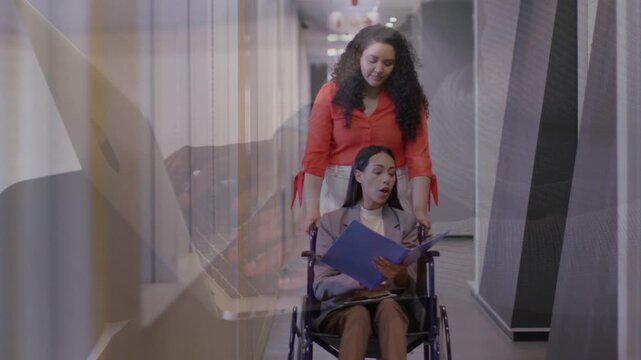 Caregiver pushing wheelchair, woman reading blue folder while animated tags guiding medical review
