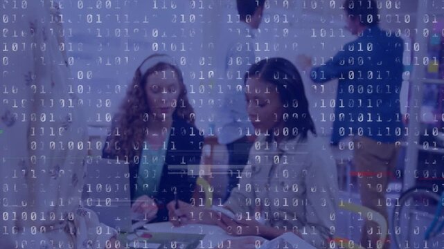 Left man leaning in handing device, two women tapping tablet, reviewing docs under binary overlay