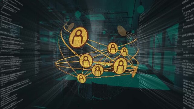 Data stream initiating globe over teal office, gold nodes orbiting, pulsing, showing tech network