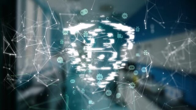 Particle mesh drifting into frame forming breaking reforming holo shield padlock signaling security