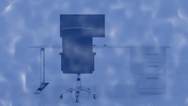Ergonomic office chair staying centered, dotted overlay rippling then auto-fading revealing monitor