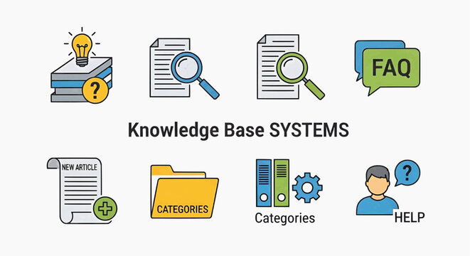 A knowledge base system with icons and documents on a desk