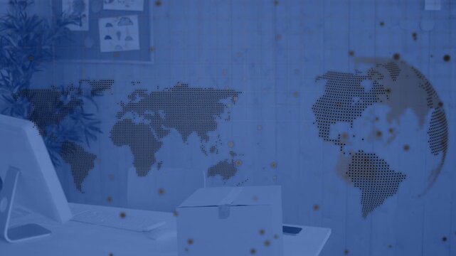 Dotted map and animated globe expanding on playback, particles drifting, showing global tech focus