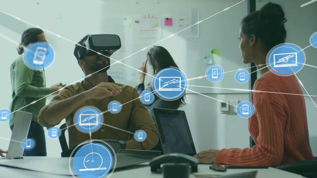 VR wearer putting on headset and gesturing, blue icons multiplying and linking to show prototype