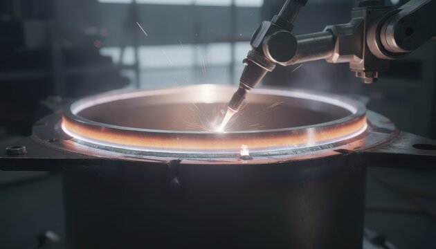 Automated TIG welding machine smoothly fusing the circular seam of a robust rocket motor housing showcasing precision and controlled heat distribution.