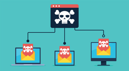 Flat vector illustration of a hacked app sending emails to other devices. A hacked network of connected devices. © Animation_vector