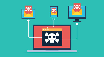 Flat vector illustration of a laptop with a hacked app sending emails to other devices. A hacked network of connected devices. © Animation_vector