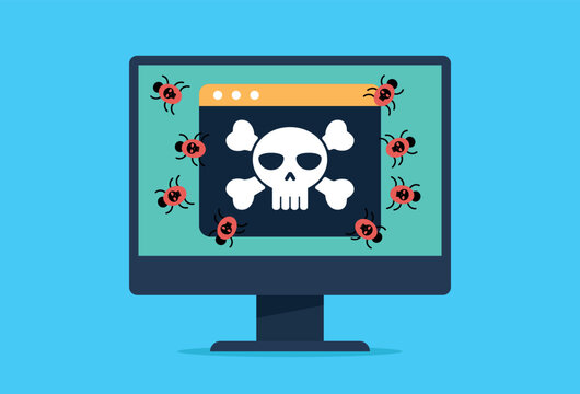 Vector image of a computer infected with a virus. The monitor screen displays a tile of an infected website from which computer worms emerge and infect the system.