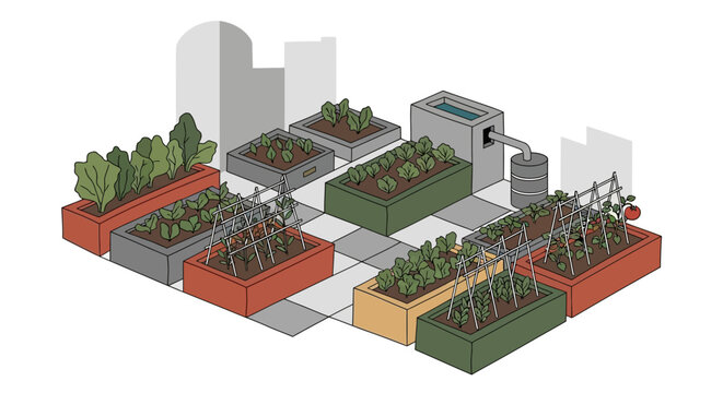 Urban Rooftop Garden with Hydroponic Systems and Cityscape