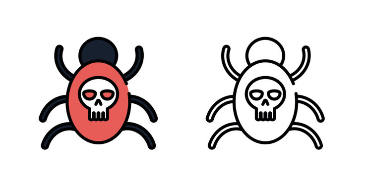 A computer worm with a red torso and a skull. Two color versions: black and white and color. Vector illustration in flat design style.