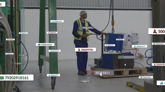 Operator lifting blue module after hook engaging, placing onto rack while AR labels updating