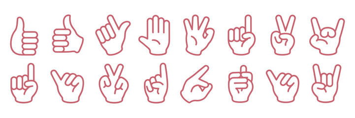 Obraz premium Cartoon hands in white gloves gesture set, including thumbs up, victory sign, pointing finger, clenched fist, and open palm poses in clean vector style for animation assets, mascot design, and express