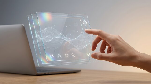 Tangan Menyentuh Layar Kaca Transparan dengan Ikon Digital dan Gelombang Data