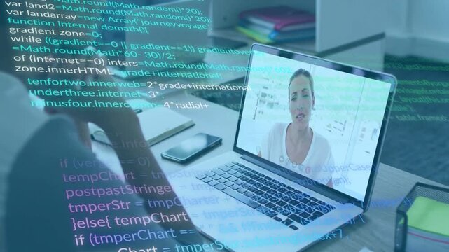 Viewer watching laptop while presenter starting software demo, code overlay scrolling across scene