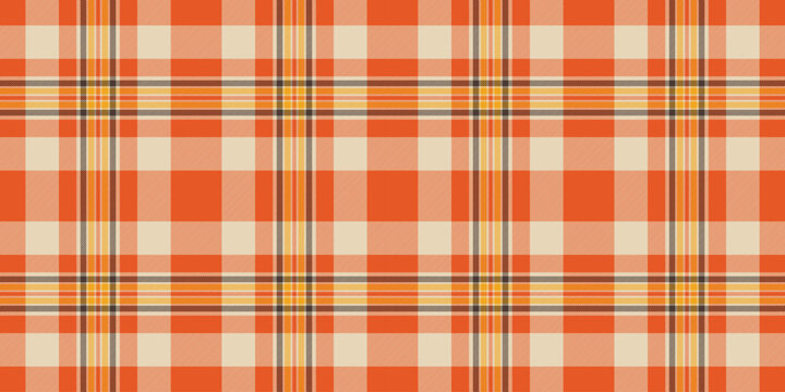 Dining plaid seamless texture, chequered pattern vector tartan. Decorative fabric check textile background in light and orange colors.