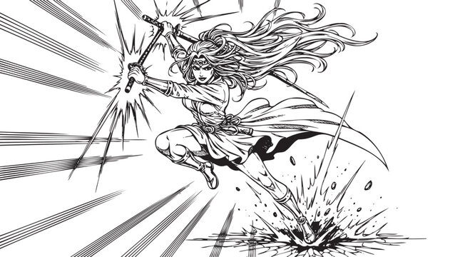 Female Warrior with Dual Swords in Dynamic Stance