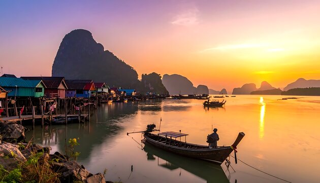 Colorful stilt houses meet the bay at sunset in a scenic waterscape with distant islands and boats