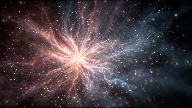 Quantum energy burst or neural synapse firing. Cinematic 3D render of subatomic particle collision or cosmic supernova with glowing rays on dark background. Science, consciousness and soul concept