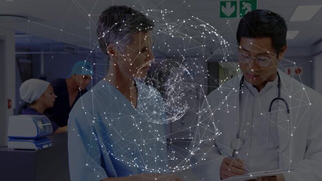 Patient and doctor discussing notes, globe appearing overlaying while doctor writing care plan