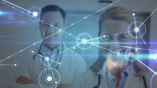 Showing HUD forming network over doctors in lab coats at clinic, connecting stethoscopes to data