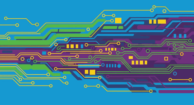 Vibrant circuit board illustration with colorful wires and microchips