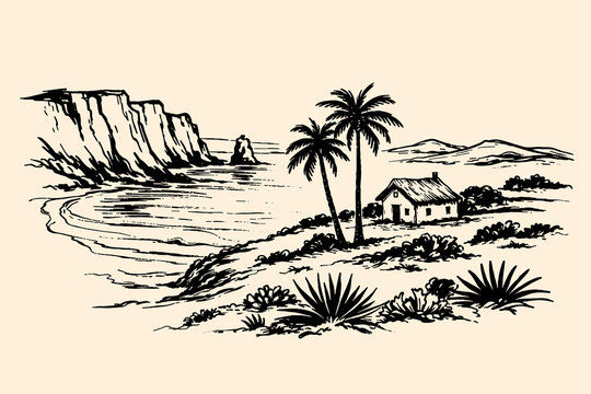 Coastal landscape doodle vector illustration with beach, palm trees, cottage and seaside cliffs scene