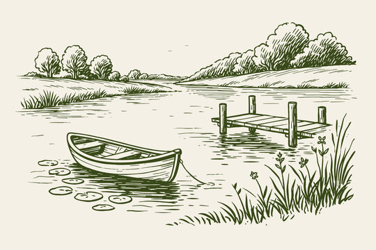 Hand drawn lake landscape vector illustration with rowboat, dock and green riverside nature sketch scene